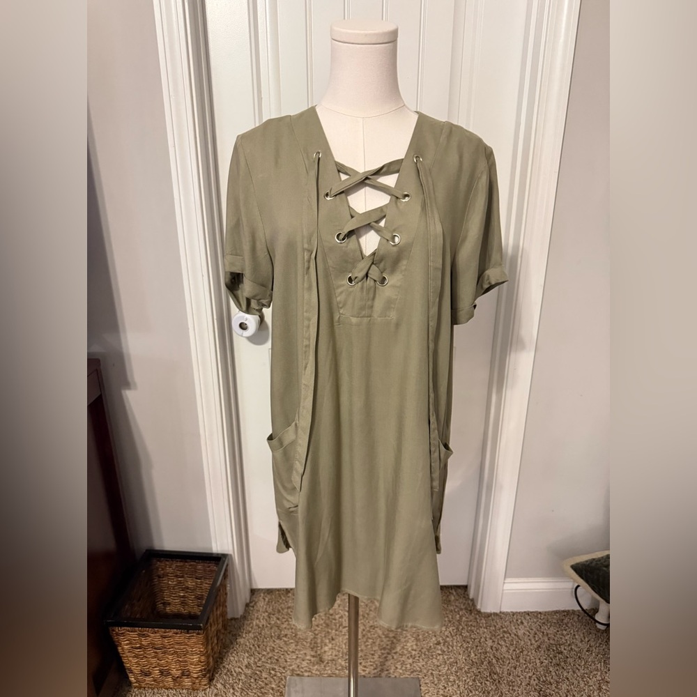 JODIFL Olive Green Lace Up Tunic Dress
